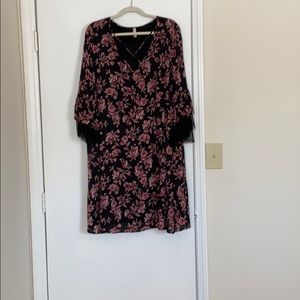 Black pink rose print fall dress